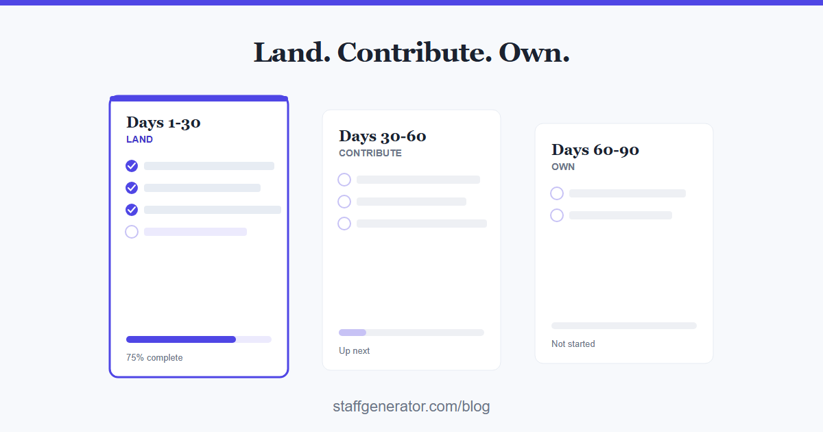 Three onboarding checklist cards labelled Days 1-30, 30-60, and 60-90, each with checked items and a progress bar, the first card glowing indigo as active.