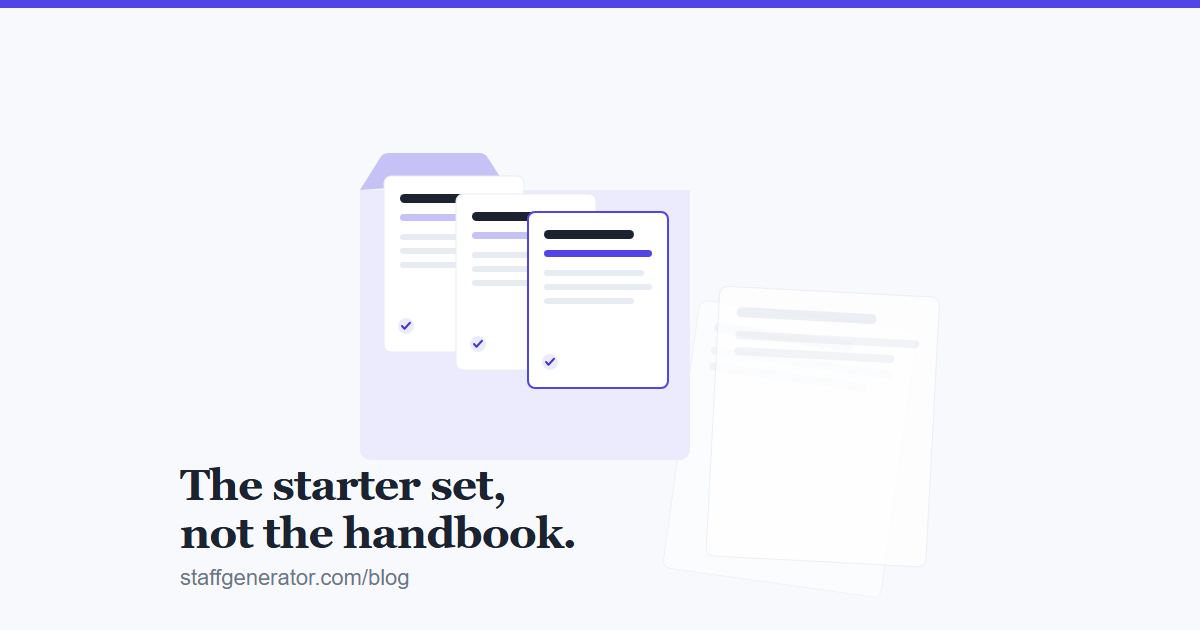 A short stack of three essential HR policy documents in an indigo folder, with a longer stack of deferred policy documents set aside behind it.
