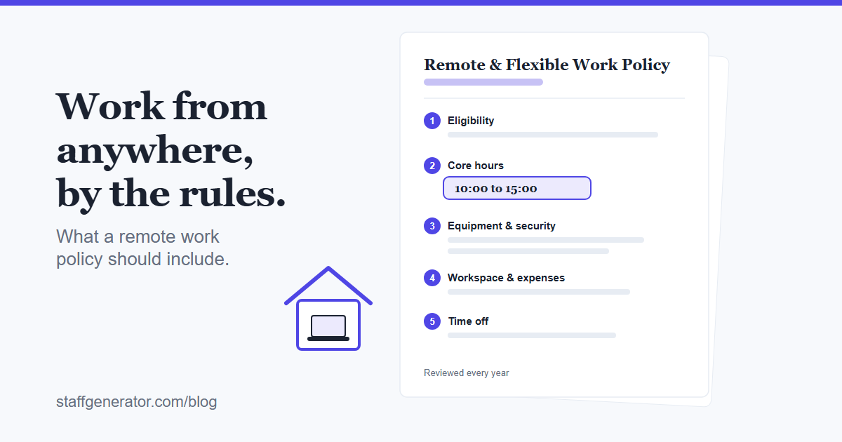 A remote work policy document with five numbered sections: eligibility, core hours from 10:00 to 15:00, equipment and security, workspace and expenses, and time off, beside a small house with a laptop.