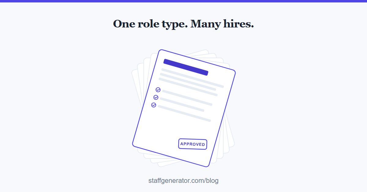 A batch of near-identical job description and onboarding checklist cards fanned out like a hand of cards, one card in front stamped approved.