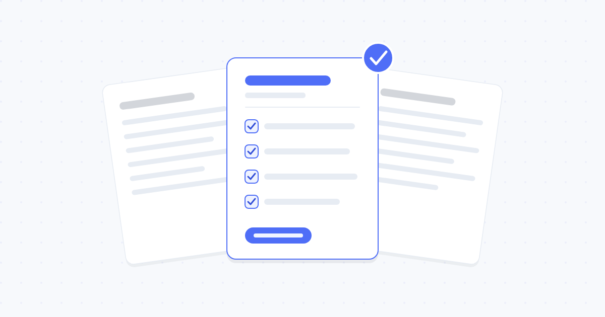 Three aligned HR document cards on a blueprint grid, the front one a standardised template with an accent checklist and an approved badge.